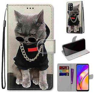 For OPPO A94 5G / A95 5G / F19 Pro+ 5G Coloured Drawing Cross Texture Horizontal Flip PU Leather Case with Holder & Card Slots & Wallet & Lanyard(Golden Chain Grey Cat)