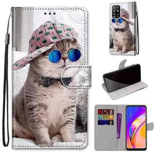 For OPPO A94 5G / A95 5G / F19 Pro+ 5G Coloured Drawing Cross Texture Horizontal Flip PU Leather Case with Holder & Card Slots & Wallet & Lanyard(Slant Hat Blue Mirror Cat)