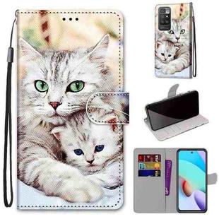 For Xiaomi Redmi 10 Coloured Drawing Cross Texture Horizontal Flip PU Leather Case with Holder & Card Slots & Wallet & Lanyard(Big Cat Holding Kitten)