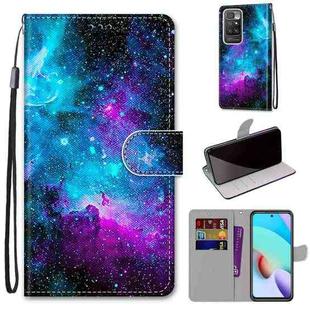 For Xiaomi Redmi 10 Coloured Drawing Cross Texture Horizontal Flip PU Leather Case with Holder & Card Slots & Wallet & Lanyard(Purple Green Starry Sky)