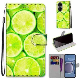 For Huawei P50 Coloured Drawing Cross Texture Horizontal Flip PU Leather Case with Holder & Card Slots & Wallet & Lanyard(Green Lemon)