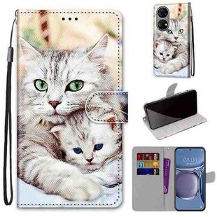 For Huawei P50 Coloured Drawing Cross Texture Horizontal Flip PU Leather Case with Holder & Card Slots & Wallet & Lanyard(Big Cat Holding Kitten)