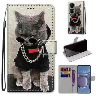 For Huawei P50 Coloured Drawing Cross Texture Horizontal Flip PU Leather Case with Holder & Card Slots & Wallet & Lanyard(Golden Chain Grey Cat)