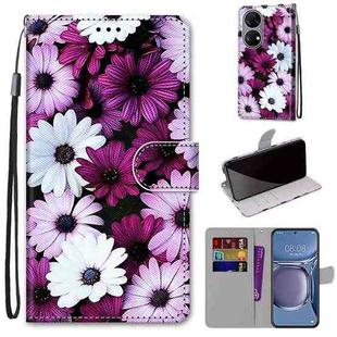 For Huawei P50 Coloured Drawing Cross Texture Horizontal Flip PU Leather Case with Holder & Card Slots & Wallet & Lanyard(Chrysanthemum Pink White Purple)