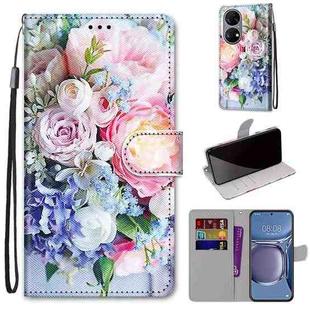 For Huawei P50 Coloured Drawing Cross Texture Horizontal Flip PU Leather Case with Holder & Card Slots & Wallet & Lanyard(Light Pink Bouquet)