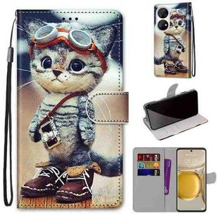 For Huawei P50 Pro Coloured Drawing Cross Texture Horizontal Flip PU Leather Case with Holder & Card Slots & Wallet & Lanyard(Leather Shoes Cat)