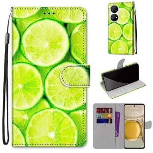 For Huawei P50 Pro Coloured Drawing Cross Texture Horizontal Flip PU Leather Case with Holder & Card Slots & Wallet & Lanyard(Green Lemon)