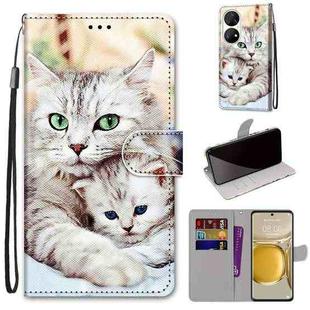 For Huawei P50 Pro Coloured Drawing Cross Texture Horizontal Flip PU Leather Case with Holder & Card Slots & Wallet & Lanyard(Big Cat Holding Kitten)