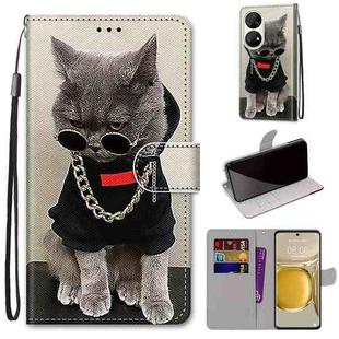 For Huawei P50 Pro Coloured Drawing Cross Texture Horizontal Flip PU Leather Case with Holder & Card Slots & Wallet & Lanyard(Golden Chain Grey Cat)
