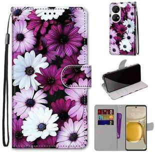 For Huawei P50 Pro Coloured Drawing Cross Texture Horizontal Flip PU Leather Case with Holder & Card Slots & Wallet & Lanyard(Chrysanthemum Pink White Purple)