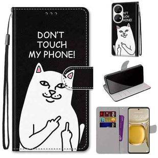 For Huawei P50 Pro Coloured Drawing Cross Texture Horizontal Flip PU Leather Case with Holder & Card Slots & Wallet & Lanyard(Middle Finger White Cat)