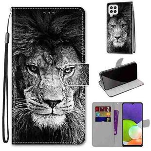 For Samsung Galaxy A22 4G Coloured Drawing Cross Texture Horizontal Flip PU Leather Case with Holder & Card Slots & Wallet & Lanyard(Black White Lion Head)