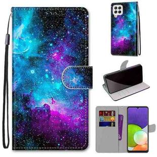 For Samsung Galaxy A22 4G Coloured Drawing Cross Texture Horizontal Flip PU Leather Case with Holder & Card Slots & Wallet & Lanyard(Purple Green Starry Sky)