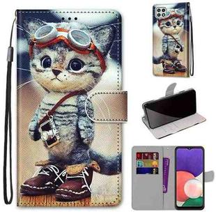 For Samsung Galaxy A22 5G Coloured Drawing Cross Texture Horizontal Flip PU Leather Case with Holder & Card Slots & Wallet & Lanyard(Leather Shoes Cat)