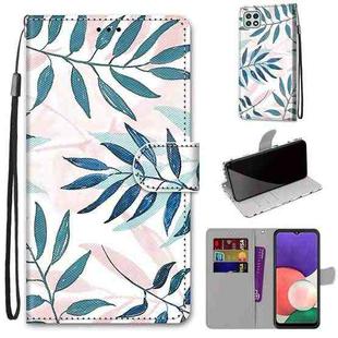 For Samsung Galaxy A22 5G Coloured Drawing Cross Texture Horizontal Flip PU Leather Case with Holder & Card Slots & Wallet & Lanyard(Pink Green Leaf)