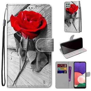 For Samsung Galaxy A22 5G Coloured Drawing Cross Texture Horizontal Flip PU Leather Case with Holder & Card Slots & Wallet & Lanyard(Wood Red Rose)