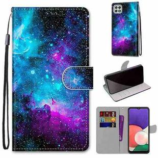 For Samsung Galaxy A22 5G Coloured Drawing Cross Texture Horizontal Flip PU Leather Case with Holder & Card Slots & Wallet & Lanyard(Purple Green Starry Sky)