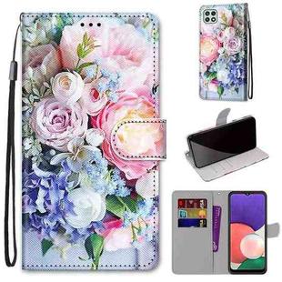 For Samsung Galaxy A22 5G Coloured Drawing Cross Texture Horizontal Flip PU Leather Case with Holder & Card Slots & Wallet & Lanyard(Light Pink Bouquet)