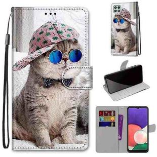 For Samsung Galaxy A22 5G Coloured Drawing Cross Texture Horizontal Flip PU Leather Case with Holder & Card Slots & Wallet & Lanyard(Slant Hat Blue Mirror Cat)