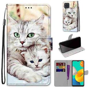 For Samsung Galaxy M32 4G / F22 Coloured Drawing Cross Texture Horizontal Flip PU Leather Case with Holder & Card Slots & Wallet & Lanyard(Big Cat Holding Kitten)
