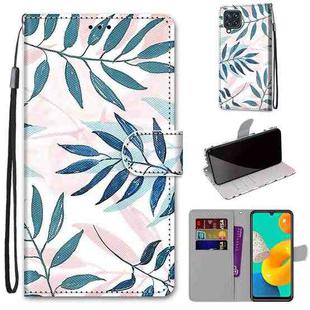 For Samsung Galaxy M32 4G / F22 Coloured Drawing Cross Texture Horizontal Flip PU Leather Case with Holder & Card Slots & Wallet & Lanyard(Pink Green Leaf)