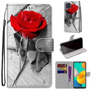 For Samsung Galaxy M32 4G / F22 Coloured Drawing Cross Texture Horizontal Flip PU Leather Case with Holder & Card Slots & Wallet & Lanyard(Wood Red Rose)