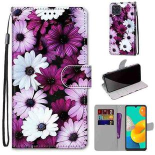 For Samsung Galaxy M32 4G / F22 Coloured Drawing Cross Texture Horizontal Flip PU Leather Case with Holder & Card Slots & Wallet & Lanyard(Chrysanthemum Pink White Purple)