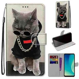 For ZTE Blade A7s 2020 Coloured Drawing Cross Texture Horizontal Flip PU Leather Case with Holder & Card Slots & Wallet & Lanyard(Golden Chain Grey Cat)