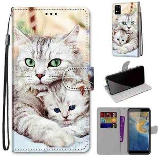 For ZTE Blade A31 Coloured Drawing Cross Texture Horizontal Flip PU Leather Case with Holder & Card Slots & Wallet & Lanyard(Big Cat Holding Kitten)