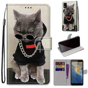 For ZTE Blade A31 Coloured Drawing Cross Texture Horizontal Flip PU Leather Case with Holder & Card Slots & Wallet & Lanyard(Golden Chain Grey Cat)