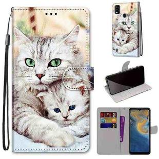 For ZTE Blade A51 Coloured Drawing Cross Texture Horizontal Flip PU Leather Case with Holder & Card Slots & Wallet & Lanyard(Big Cat Holding Kitten)