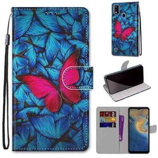 For ZTE Blade A51 Coloured Drawing Cross Texture Horizontal Flip PU Leather Case with Holder & Card Slots & Wallet & Lanyard(Blue Red Butterfly)