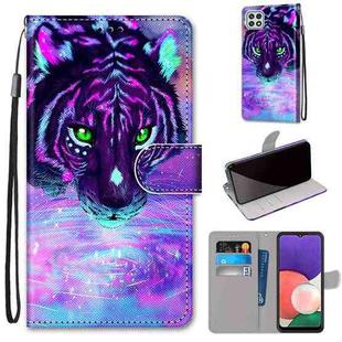 For Samsung Galaxy A22 5G Coloured Drawing Cross Texture Horizontal Flip PU Leather Case with Holder & Card Slots & Wallet & Lanyard(Tiger Drinking Water)