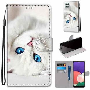 For Samsung Galaxy A22 5G Coloured Drawing Cross Texture Horizontal Flip PU Leather Case with Holder & Card Slots & Wallet & Lanyard(White Kitten)