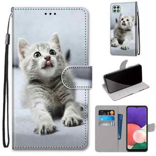 For Samsung Galaxy A22 5G Coloured Drawing Cross Texture Horizontal Flip PU Leather Case with Holder & Card Slots & Wallet & Lanyard(Small Gray Cat)