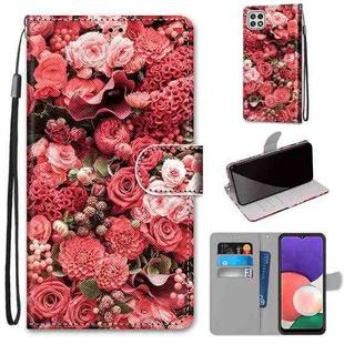 For Samsung Galaxy A22 5G Coloured Drawing Cross Texture Horizontal Flip PU Leather Case with Holder & Card Slots & Wallet & Lanyard(Pink Rose Garden)