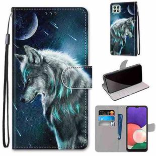 For Samsung Galaxy A22 5G Coloured Drawing Cross Texture Horizontal Flip PU Leather Case with Holder & Card Slots & Wallet & Lanyard(Pensive Wolf)