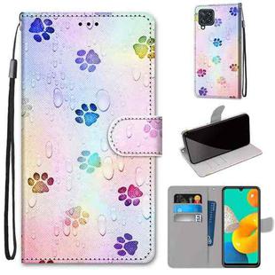 For Samsung Galaxy M32 Coloured Drawing Cross Texture Horizontal Flip PU Leather Case with Holder & Card Slots & Wallet & Lanyard(Footprint Water Drops)