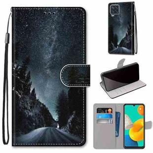 For Samsung Galaxy F22 Coloured Drawing Cross Texture Horizontal Flip PU Leather Case with Holder & Card Slots & Wallet & Lanyard(Mountain Road Starry Sky)