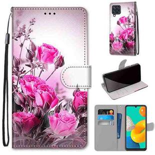 For Samsung Galaxy F22 Coloured Drawing Cross Texture Horizontal Flip PU Leather Case with Holder & Card Slots & Wallet & Lanyard(Wild Rose)