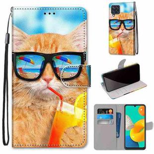 For Samsung Galaxy F22 Coloured Drawing Cross Texture Horizontal Flip PU Leather Case with Holder & Card Slots & Wallet & Lanyard(Cat Drinking Soda)