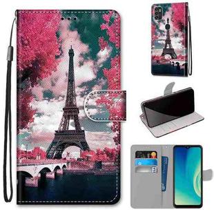 For ZTE Blade A7s 2020 Coloured Drawing Cross Texture Horizontal Flip PU Leather Case with Holder & Card Slots & Wallet & Lanyard(Pink Flower Tower Bridge)