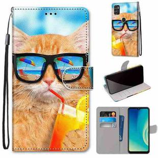 For ZTE Blade A7s 2020 Coloured Drawing Cross Texture Horizontal Flip PU Leather Case with Holder & Card Slots & Wallet & Lanyard(Cat Drinking Soda)