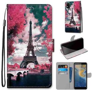 For ZTE Blade A31 Coloured Drawing Cross Texture Horizontal Flip PU Leather Case with Holder & Card Slots & Wallet & Lanyard(Pink Flower Tower Bridge)