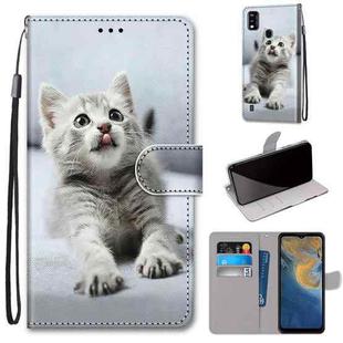 For ZTE Blade A51 Coloured Drawing Cross Texture Horizontal Flip PU Leather Case with Holder & Card Slots & Wallet & Lanyard(Small Gray Cat)