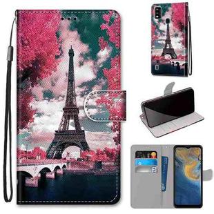 For ZTE Blade A51 Coloured Drawing Cross Texture Horizontal Flip PU Leather Case with Holder & Card Slots & Wallet & Lanyard(Pink Flower Tower Bridge)