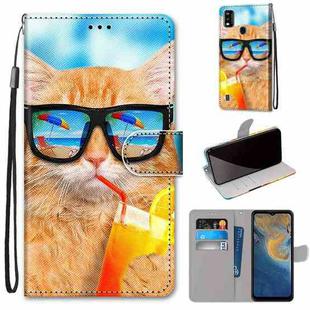 For ZTE Blade A51 Coloured Drawing Cross Texture Horizontal Flip PU Leather Case with Holder & Card Slots & Wallet & Lanyard(Cat Drinking Soda)