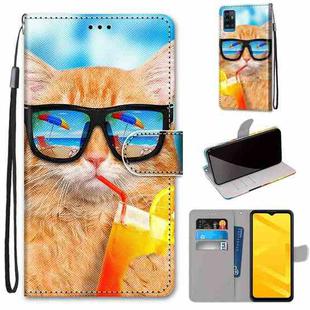 For ZTE Blade A71 Coloured Drawing Cross Texture Horizontal Flip PU Leather Case with Holder & Card Slots & Wallet & Lanyard(Cat Drinking Soda)