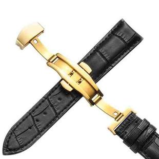 20mm Classic Cowhide Leather Gold Butterfly Buckle Watch Band(Black)