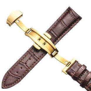 22mm Classic Cowhide Leather Gold Butterfly Buckle Watch Band(Brown)